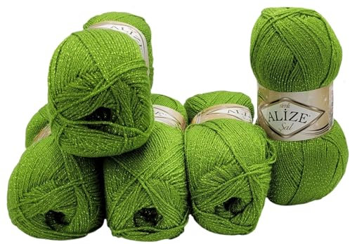 5 x 100 g Ilkadim Export Glitzerwolle SAL zum Stricken und Häkeln, 500 Gramm Metallic – Wolle (grün 210)