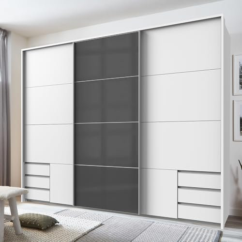 Lomadox Kleiderschrank Schwebetürenschrank 273cm, inkl. Passepartout, mit Schubkästen, weiß und Graphit