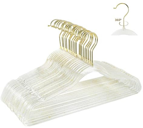 WJWSKI Kleiderbügel,Kleiderbügel Platzsparend 20 Stück, Bügel Goldener Haken 360° Drehbar，Kleiderbügels Plastik Transparent，Schöner Kristallfarbe Kleiderbügels mit Kleinen Pailletten (transparent)