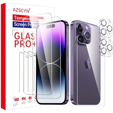 AZSCYN Protector de Pantalla para iPhone 14 Pro, 2 * Doble protección Cristal Vidrio Templado Cristal Templado, 1* Espalda Protector de Pantalla Trasera de Vidrio y 2* Protector de Lente de cámar