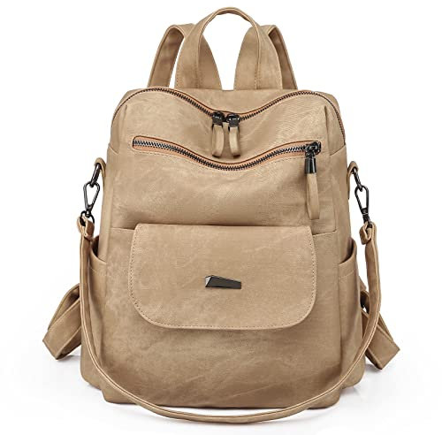 Puwuzixi Women Backpack Waterproof Anti-Theft Lightweight PU Fashion Travel Multipurpose Convertible Purse Shoulder Bag Handbag Backpack Khaki