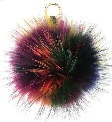 FISH IN THE SEA - Echtfell - Bommel - Multi Color Bunt mit silbernen oder goldenen Schlüsselring - XL - 15-17cm - Premium - Fellbommel - Echtpelz - Pelzbommel - Taschenanhänger - Schlüsselanhänger