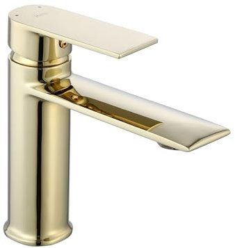 Rea Waschtischarmatur VENETA GOLD LOW Wasserhahn Bad Badarmatur aus Messing Armatur für Waschbecken Badezimmer Mischbatterie Waschbecken Einhebel (Gold)