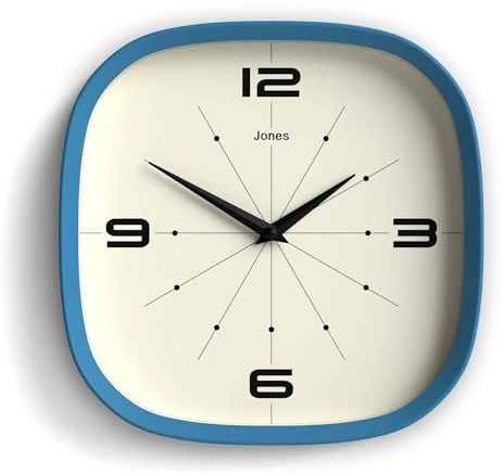 JONES CLOCKS® Pulsar Wanduhr | Quadratische abgerundete Retro-Uhr | 25 cm | Blau | Cooler Designer-Look für küche, Wohnzimmer oder büro