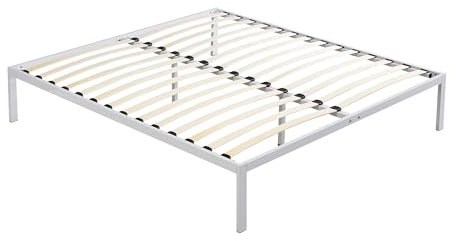 ARQYA iBase Metallbett, 140 x 200 cm, mit Lattenrost aus Holz, weiße Struktur und weiße Metallfüße, bietet Stauraum mit einer Höhe von 35,5 cm