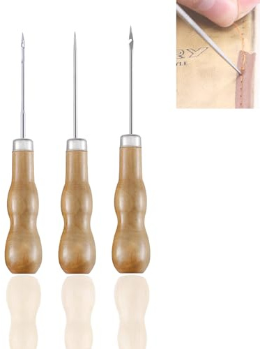Ieron 3 Pcs Hole Punches Awl with Wooden Handle, Punches with Wooden Handle, DIY Leather Craft, Sewing Awl Hole, Curved Awl Sewing Tool, Wooden Handle Hole Punch