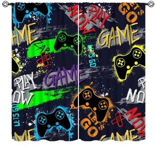 Game Curtains, Colorful Video Game Controller Bright Gamepad Cool Boys and Girls Graffiti Gaming Window Curtains for Kids Bedroom Playroom Living Room, 42x45inch (No Blackout)