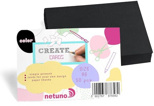 Netuno 50 Stück Bristol-Karton Schwarz DIN A6 10,5 x 14,8 cm 250g schwarze Karteikarten blanko Karten Set Tonkarton Bastelpapier bunt Bastelkarton dickes Kartonpapier farbig Kreativkarton Farbkarton