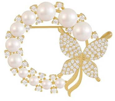 Porceosy Exquisite Brosche Strass Edelstahl Vintage Damen Kunstperle Schmetterling Dekor Verschleißfeste Anstecknadel für Kleidung Kragen Hut Schal Anti-Rutsch-Mantel Golden
