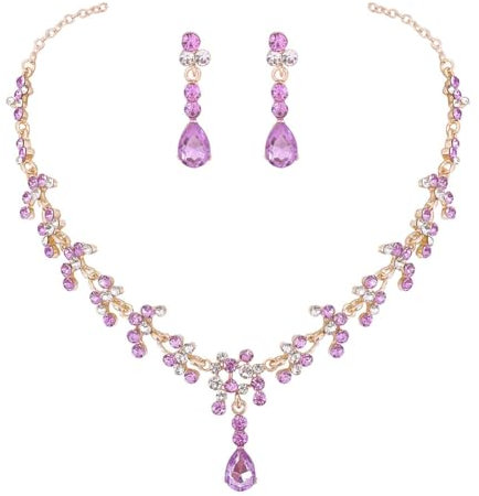 Carufin Braut Hochzeit Kristall Halskette Ohrring Set Braut Halsketten Schmuck Zubehör für Frauen und Mädchen (Lila)