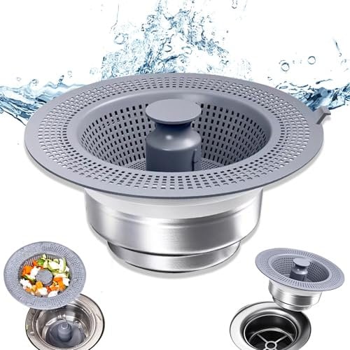 SHFYFHS 1 Set Kitchen Sink Plug Stainless Steel 3-in-1 Plug for Sink, Pop Up Stainless Steel Drain Plug Kitchen Sink, Universal Sink Strainer, Strainer Basket Sink, Plug for Sink (76-81 mm)