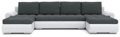Mebligo - Ecksofa mit Schlaffunktion und Bettkasten Tokio III, Eckcouch aus Kunstleder, Sofa U Form 302x159x89 cm, Couch Wohnzimmer, Ecke Sofa Wohnlandschaft, Schlafsofa Grau/Kunstleder Weiß