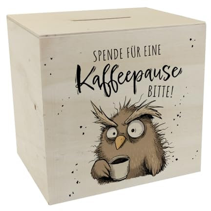 Eule Spardose aus Holz mit Spruch Spende für eine Kaffeepause Ideal für Morgenmuffel kaffeeabhängige Kollegen im Büro Perfekt für Chef-Geschenke und Kaffeepausen