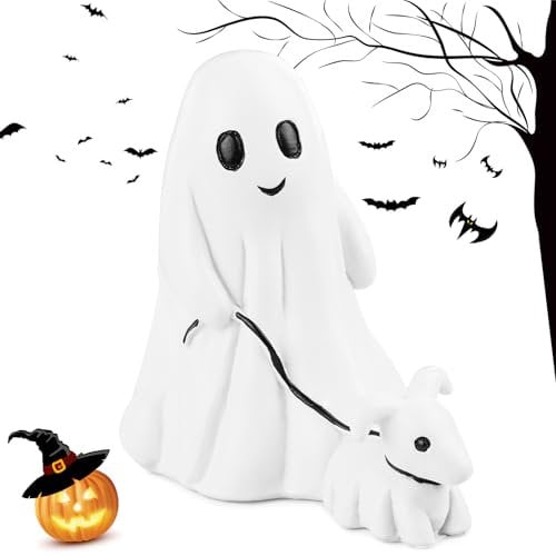 KFDDRN Halloween Statue, Geist und Hund gehen Statue, Ghost Walking Dog Statue,Lustige Halloween Ornamente, 2024 Neue gruselige Geisterhunde Skulptur für Halloween Dekorationen (A - Junge)