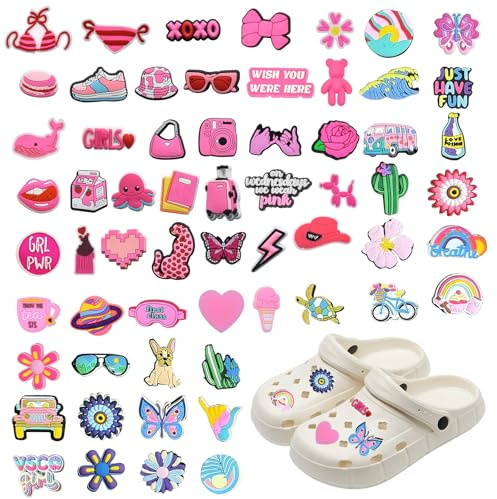 62 Pcs Shoe Charms for Clog Shoes, VEGCOO Cute Pink Summer Clog Sandals Decorations Charms, Unique Clog Shoe Decoration Charm for Women Men Girls Boys Adults Kids Birthday Christmas Party Favors Gifts