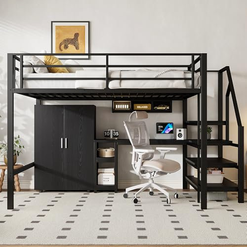 Zravenna Metall Hochbett 140 * 200cm mit Kleiderschrank, Etagenbett Hoch mit Schreibtisch und Regale, Ablagetreppe, Erwachsene&Jugendzimmer, ohne Matratze (Schwarz, A)
