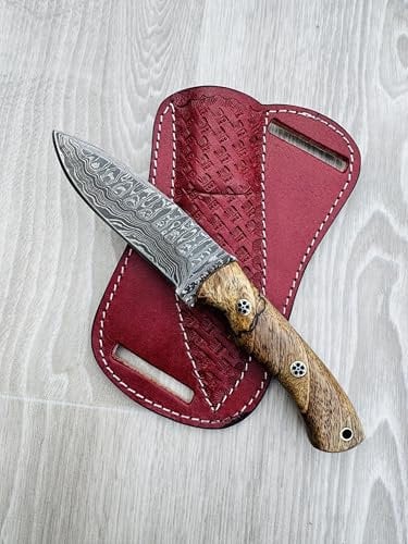 CraftTal Damast-Jagdmesser Tachenmesser handgefertigt 150 Echtes damast Stahl lagen und Silberbeerenholz– Schmiedegefertigtes Campingmesser – Taktisches Messer, mit speziell entworfene Lederscheide