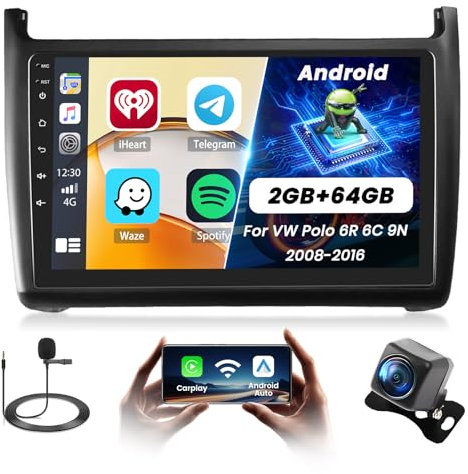 Fuluku 2+64G Android Autoradio für VW Polo 6R 6C 9N 2008-2016 mit Wireless Carplay&Android Auto, 9'' IPS Touchscreen Radio mit Bluetooth/GPS/Rückfahrkamera/FM/WiFi/SWC/26UI