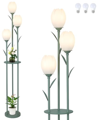 Lampadaire à 3 lumières à motif floral pour salon, lampadaire vert avec étagères, lampe sur pied unique tulipe avec 3 ampoules LED, grande lampe à motif floral mignon, décoration moderne pour chambre