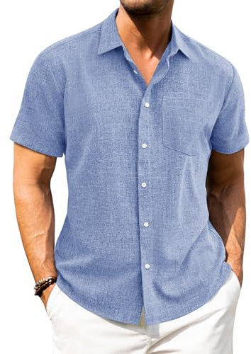 J.VER Linen Shirts Men Fashion Short Sleeve Blue Summer Beach Holiday Regular Fit Casual Button Down Shirt L