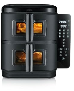 SEVERIN Friggitrice ad Aria Calda Duo Stack, 2800 W, Capacità 11 L (2x 5,5 L), Salvaspazio Verticale, 9 Programmi Automatici, Sync Cook e Finish, S-Fry, Nero - FR 9598
