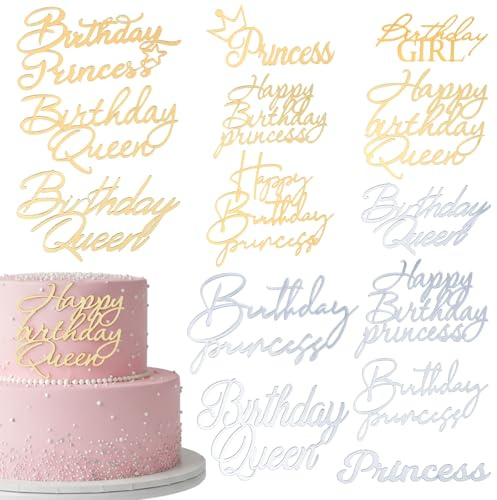 LXUEJIE 14 Pcs Happy Birthday Cake Toppers, Acrylic, Cupcake Decor | Happy Birthday Princess Cake Toppers, for Women, Side Decoration Kit, Girl Party Supplies, Gold Silver
