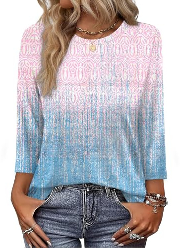 WIHOLL Tops for Women 3/4 Length Sleeve V Neck Casual Tunic Ladies Tops Basic Shirts Loose Fit Blouse