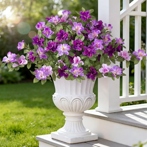 Ammyoo Artificial Fake Azalea Flowers for Outdoor Spring Decoration, Faux Silk Flower for Summer UV Resistant Look Real Plants for Garden Yard Porch Walkway Indoor Decor, 2PCS