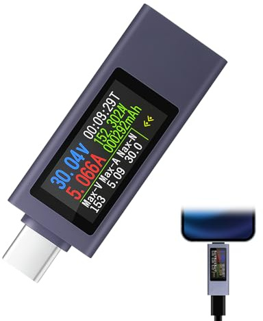 Menibeuty Tester USB C, voltmetro 4 – 30 V 0 – 12 A, multimetro di tipo C, misuratore di corrente USB, tester di cavo, indicatore di tensione e corrente (KWS-2302C)