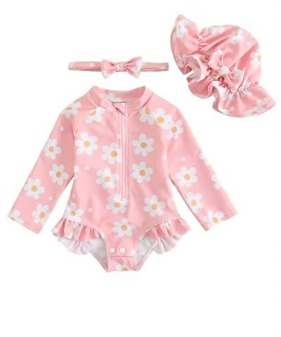 UV Badebekleidung Baby Neugeborene Badeanzug Mädchen Gr 62-98, Langarm UV Kleidung Baby UV Shirt Mit Hut & Stirnband, Kleinkinder UV Anzug Schwimmanzug Schutz