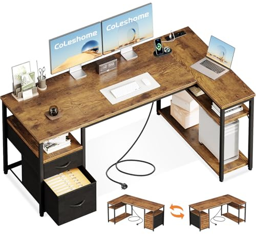 Coleshome Gaming Eckschreibtisch mit 2 Schubladen, 160×80 cm, Braun | L-Förmiger Gaming Tisch mit Stauraum & Regal, Schreibtisch mit Steckdose & USB, Reversibel, für Schlafzimmer & Wohnzimmer