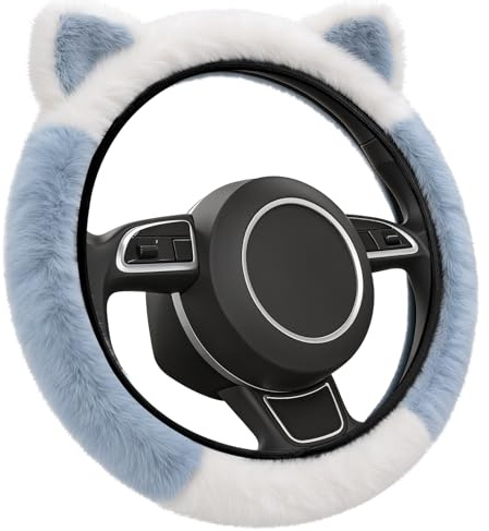 WJMY Auto Lenkradbezug Plüsch Winter 37-38cm, Anti Rutsch Universal Lenkradschutz, 14,5-15zoll Weiches Komfort Warm Steering Wheel Cover, Für D-förmige und runde Lenkräder (Blau und Weiß)