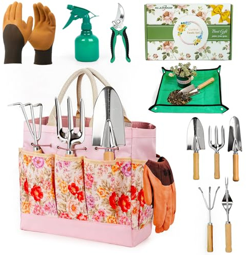 SLARMOR Gartenwerkzeug Set, 11 Stück Edelstahl gartengeräte mit Gartenschere, Garten zubehör Set mit Handschuhen, Blumen-Tragetasche, Sprühflasche, Umtopfmatte - gartenwerkzeuge für Gartenarbeit