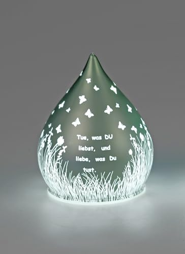 formano 1 Stück Deko-Tropfen in Frosty-Silber grün mit LED-Licht + Timer 15cm aus Farbglas in geeister Optik mit Spruch: Tue, was Du liebst..., für 3x AA Batterien 1,5V-Batterie nicht enthalten