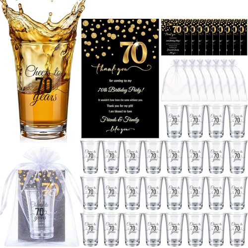 FillTouch Bomboniere per feste di compleanno per ospiti, 40/45/50/55/60/65 anni, bicchieri in plastica personalizzati con biglietti di ringraziamento, per compleanni e matrimoni (50 set, nero 70 anni)
