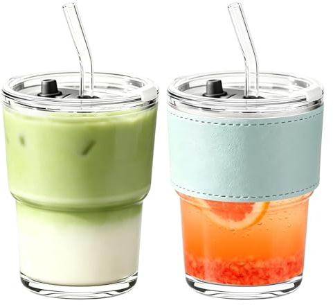 TUZHE 2 Stück Matcha Gläser – 450ml Becher mit Deckel und Strohhalm, Matcha Becher To Go für Eiskaffee & Smoothies