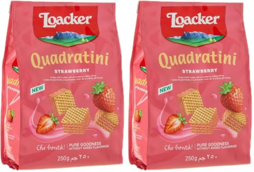 Loacker, Quadratini Fragola, Wafer Croccanti con 5 Strati di Cialde Farcite con Crema alla Fragola, Snack per Colazione, Senza Aromi e Coloranti, Pratica Confezione Apri e Chiudi, 1 Confezione da 500g