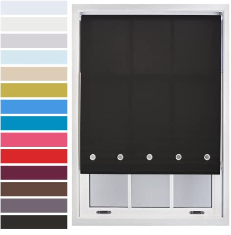 FURNISHED Quality Roller Blinds for Windows with Chrome Round Eyelets Easy-install Custom Size + Metal Fittings, Black Up to 180W x 165H cm