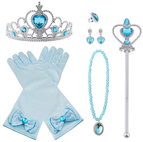 Vicloon Prinzessin Kostüme Eisprinzessin Set of 9, ELSA Handschuhe, Pfirsichherz Krone, Zauberstab, Halskette, Ring, Ohrring.(Blau)