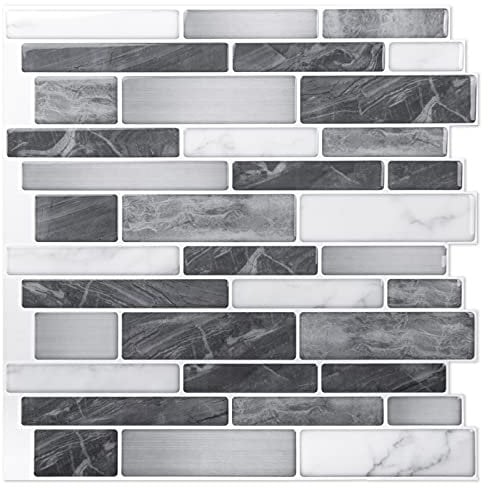 Art3d Set di 10 pezzi, Piastrelle da parete autoadesive, Piastrelle adesive nere e grigie con motivo di marmo per cucina, aspetto marmo,bagno, effetto mosaico, 30x30cm