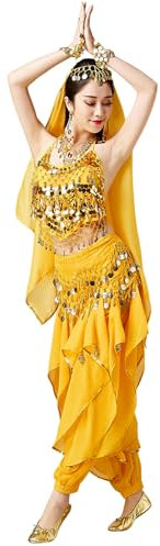 Wuchieal Bauchtanz Kostüm 4 Teile Oberteil Hose Hüftschal Schleier für Damen (Gelb, One size)