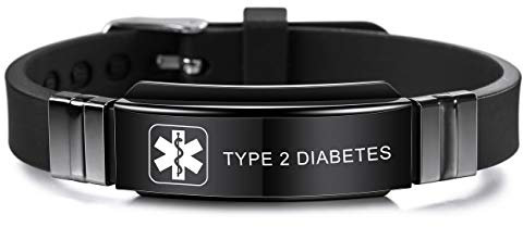 MOWOM Medical SOS Notfall Armband Personalisiertes Gravur Silikon Edelstahl Namensarmband Männer Damen Jungen Mädchen - Bündel mit Notfallkarte, Kartenhülle (Schwarz Type 2 Diabetes)