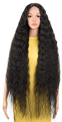 DÉBUT Lace Front Perücke Super lange gewellte Perücke für Damen 104 cm 280g Kunsthaar Hitzebeständige Faser 130% Dichte(104 cm, Schwarz)