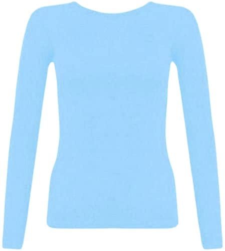 New Ladies Long Sleeve Round Neck Plain Basic Women's Stretch T-Shirt (Sky Blue, 14)
