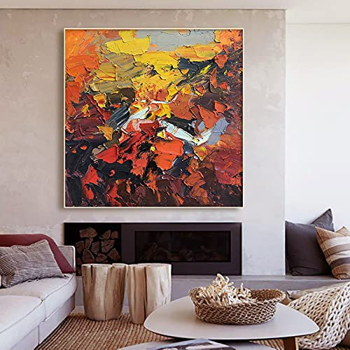 RBWL Handgemalte Acrylbilder, Orange Gelb Textur Abstraktion Moderne Große Handgemalte Messer Kunstwerke Gemälde Auf Leinwand Wandkunst Für Home Office Dekorationen Wohnzimmer,50X50Cm(20X20Inch)