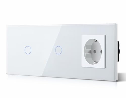 BSEED Interruptor táctil y enchufe pared,Panel de Vidrio con pulsador LED,Conmutador Modernos,Sin Función Wifi,1 Gang 2 Vía+1 Gang 2 Vía+1 Enchufe,228mm Blanco