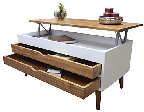 LoMasCasa - Mesa de Centro Salón Elevable Modelo Luzia 5 con Dos Cajones Deslizantes en Color Blanco y Madera Color Nogal Medidas 100x50x47 cm