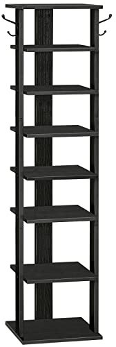 HOOBRO Tall Shoe Rack Wooden, Narrow Shoe Storage Organizer with 2 Hooks, Slim Shoe Shelf, Vertical Shoe Tower for Entrance, Living Room, Hallway, Industrial, Black EBK07XJ01