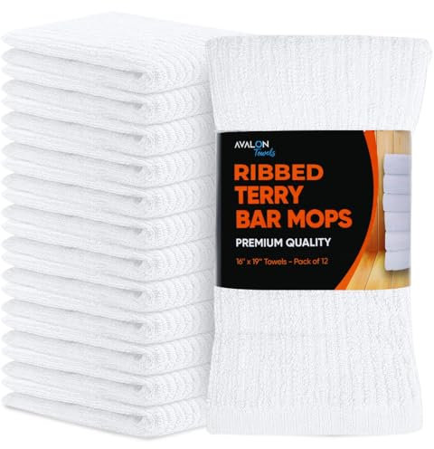 Avalon Towels Ribbed Bar Mop Towels (Value Pack of 12) Size 16x19 – Absorbent and Durable, Multipurpose Cleaning Rags, Cotton Cleaning Towels, Terry Cloth Rags, Reusable Shop Rags
