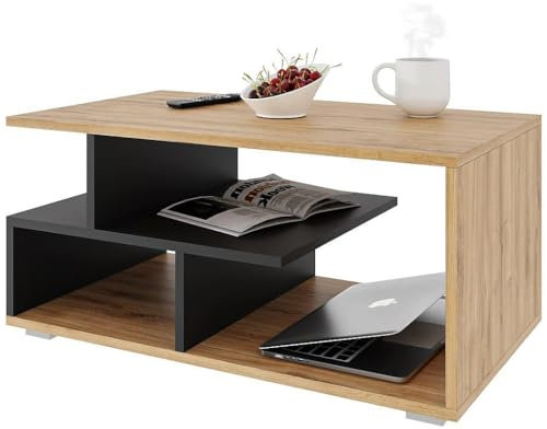Meble Pitus Couchtisch Holz - Wohnzimmertisch Modern - Couchtisch mit Stauraum 90 x 50 x 49cm - Tisch für Wohnzimmer - Schwarze Matte/Ewige Eiche